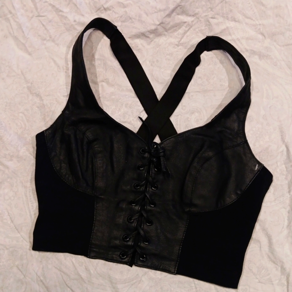 Black Wilson Leather Crop Top, Lace up front, Zippered Back, Size LVintage